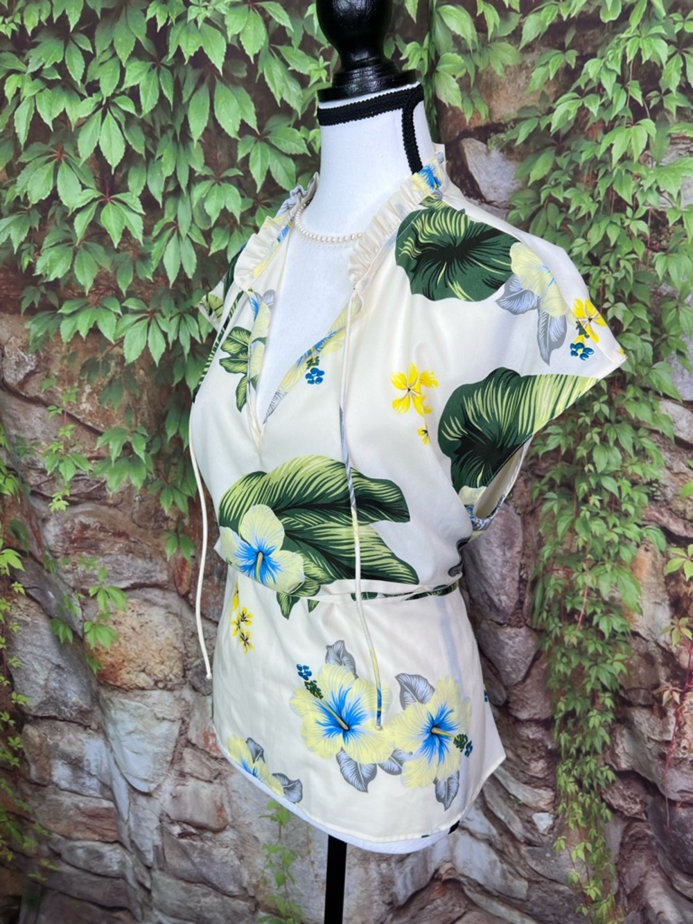 ZARA Cream and Green Tropical Print Dual Tie Blouse, S - Picture 3 of 10